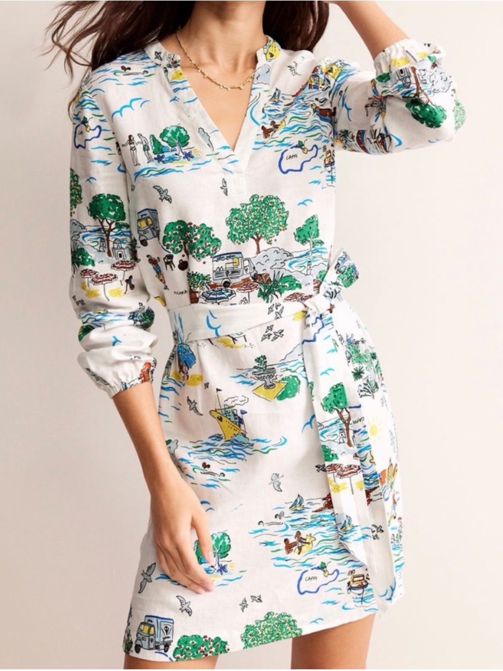 Boden Cleo tie waist linen dress Amalfi coast italy print size 10 new